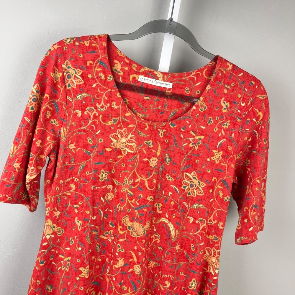 Peruvian Connection Tunic‎ Top Womens S Red Orange Floral Short Sleeve Hi Lo